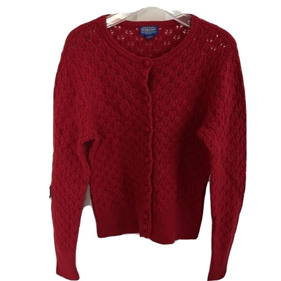 EUC Pendleton Cherry Red Crochet Button Cardigan Lambswool Sweater L - Picture 1 of 9